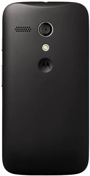 Motorola Moto G rear view showing black back panel with camera lens, speaker grille, LED flash, and Motorola logo