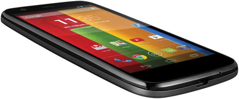 Motorola Moto G smartphone, front view, displaying colorful home screen with app icons and widgets on black display