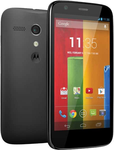 Motorola Moto G, front and rear view, black smartphone with colorful home screen displaying time, date, and app icons