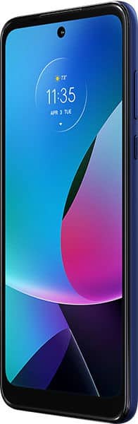 Motorola Moto G Play (2023) front view, displaying blue and pink gradient wallpaper with time 11:35 on screen