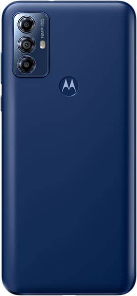 Motorola Moto G Play (2023) rear view, blue, showing triple camera setup and Motorola logo