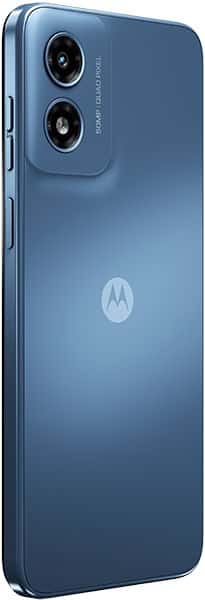 Rear view of blue Moto G Play (2024) showing dual vertical cameras, centered Motorola logo, and buttons on left edge.