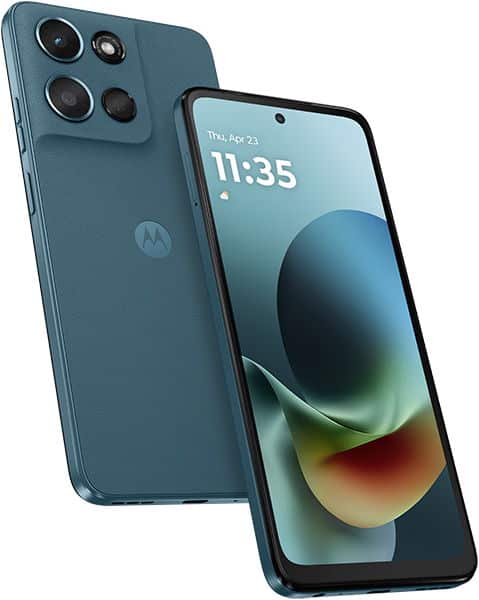 Motorola Moto G Play (2026) in teal, shown front and rear views with quad camera setup and display showing time 11:35