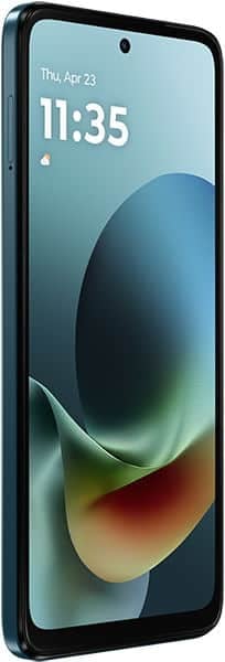 Motorola Moto G Play (2026) front view, displaying lock screen with time 11:35 and colorful abstract wallpaper
