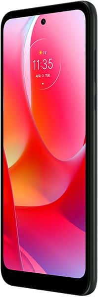 Motorola Moto G Power (2022), black, front-side view, large display with red/pink wallpaper, 11:35 time, April 3 date.