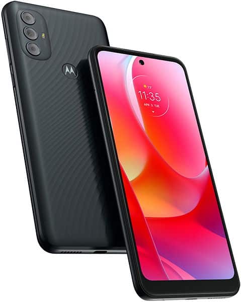 Black Motorola Moto G Power (2022) shown front and back; screen displays time/date, rear has dual cameras and logo.