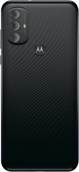 Rear view of black Motorola Moto G Power (2022) showing triple rear cameras, LED flash, Motorola logo, and textured back.