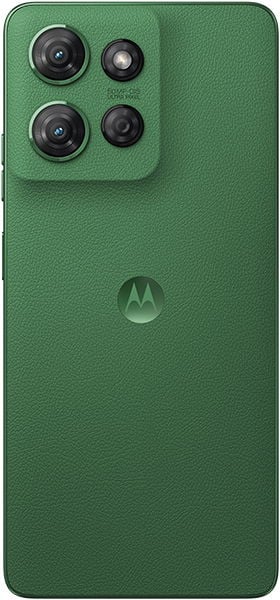 Rear view of green Moto G Power (2025) with textured back, center Motorola logo, and triple-lens square camera in upper left.