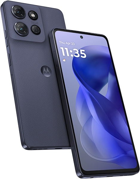 Moto G Power (2025) in dark blue shown: rear view with triple cameras, and front view displaying screen, time 11:35, date April 23.