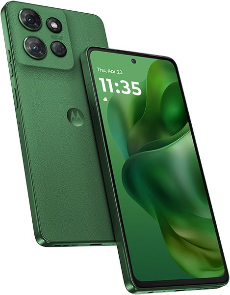Motorola Moto G Power (2025) in green shown front view with display and rear view showing triple cameras and textured back.