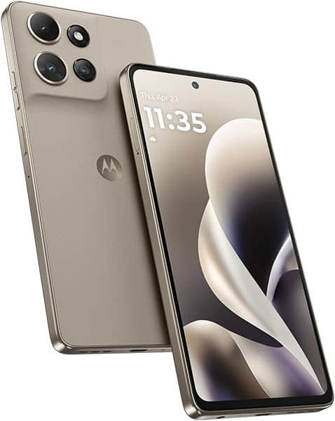 Motorola Moto G Power (2026) shown from rear and front angles, featuring quad camera setup and beige finish with display showing time 11:35