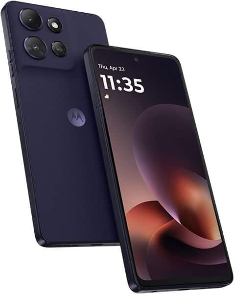 Motorola Moto G Power (2026) shown from rear and front angles, featuring quad rear cameras, Motorola logo, and lock screen display