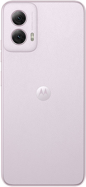 Motorola Moto G Power 5G (2024) rear view, light purple finish with dual camera lenses and Motorola logo