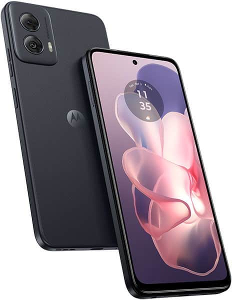 Motorola Moto G Power 5G (2024) shown from rear and front angles, displaying dual rear cameras and a screen with pink abstract wallpaper