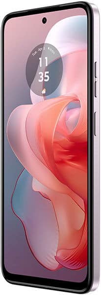 Motorola Moto G Power 5G (2024) front view with pink and red abstract wallpaper on screen, black frame, and camera cutout visible