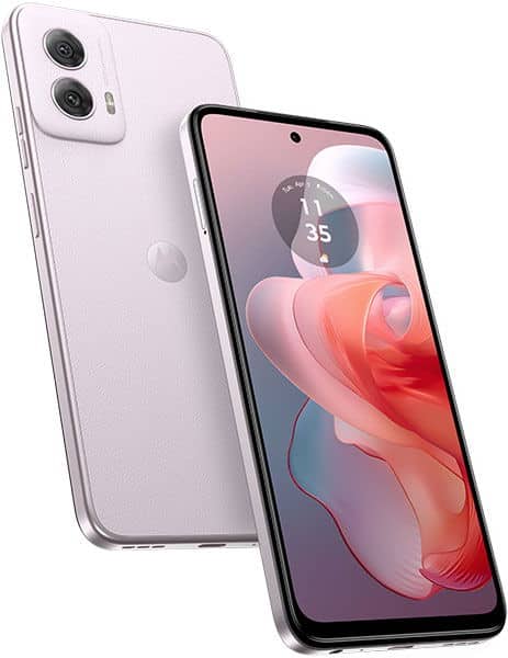 Motorola Moto G Power 5G (2024) in lavender, shown front and rear views with dual rear cameras and colorful display wallpaper