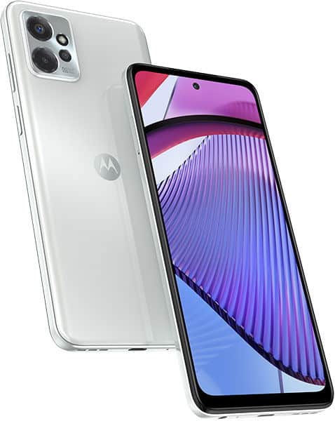 Motorola Moto G Power 5G (2023) in white, shown from rear and front angles displaying triple camera setup and colorful display wallpaper