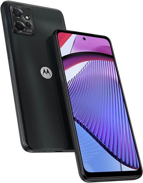 Motorola Moto G Power 5G (2023) front and rear view, black, with purple and blue abstract design on screen