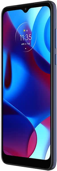 Front view of black Motorola Moto G Pure; large display with time, date, weather, and blue-red abstract wallpaper; side buttons visible.