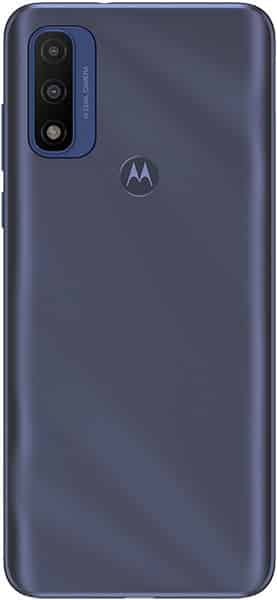 Rear view of dark blue Motorola Moto G Pure showing center logo and triple camera with LED flash in top left corner.