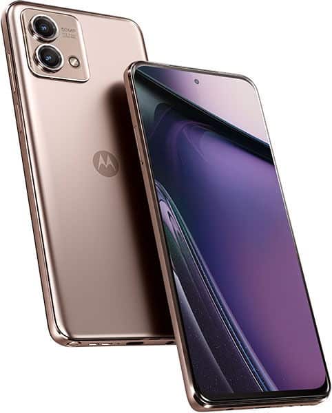 Motorola Moto G Stylus 5G (2023) in rose gold shown front and rear; dual cameras visible on the back. White background.
