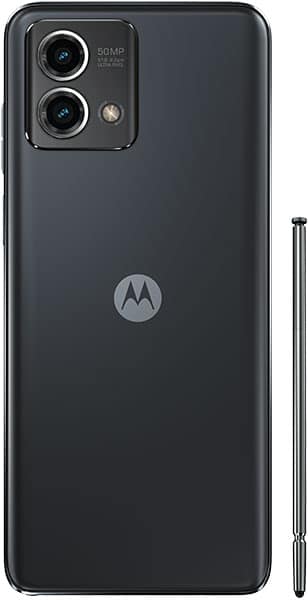 Rear view of black Moto G Stylus 5G (2023); dual cameras, flash, "50MP" label, Motorola logo, stylus to the right.