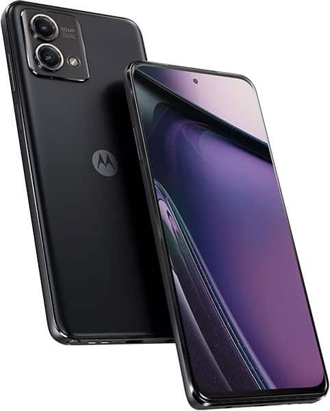 Motorola Moto G Stylus 5G (2023) in black, front view with display on and rear view showing dual cameras and logo.