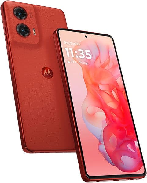 Motorola Moto G Stylus 5G (2024) in red, shown from rear and front angles displaying dual cameras and colorful display