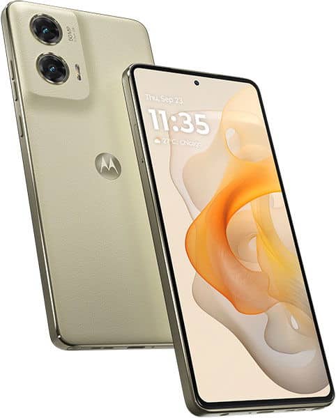 Motorola Moto G Stylus 5G (2024) in cream color, shown from rear and front angles displaying dual rear cameras and orange-swirl home screen