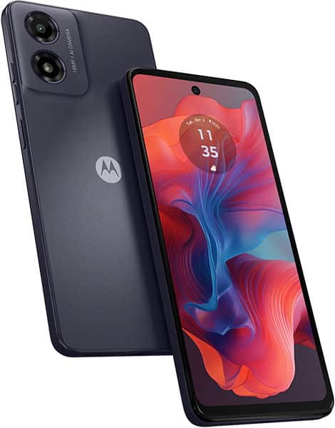 Motorola Moto G04 front and rear view, charcoal black, dual rear cameras, colorful abstract screen display