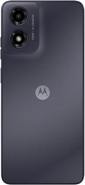 Motorola Moto G04 rear view showing dark gray body with dual camera module and Motorola logo
