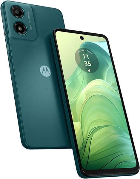 Motorola Moto G04 in teal, shown from rear and front angles with dual rear cameras and green abstract wallpaper on screen