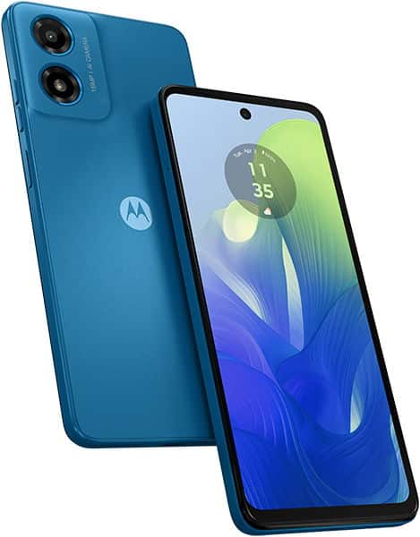 Motorola Moto G04 in blue, shown from rear and front angles displaying dual rear cameras and colorful display with time widget