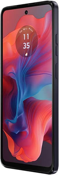 Motorola Moto G04 smartphone front view displaying colorful abstract wallpaper with red, orange, and blue fluid design on screen
