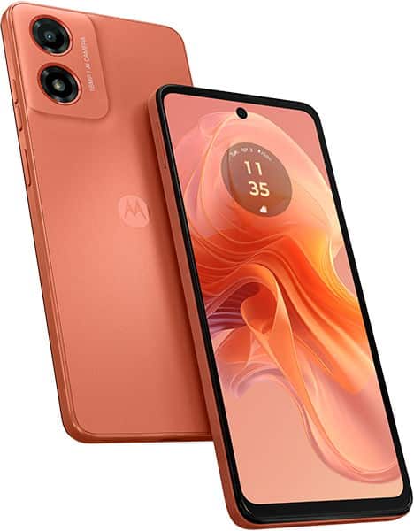 Motorola Moto G04 in coral, shown from rear and front angles displaying dual cameras and screen with time display
