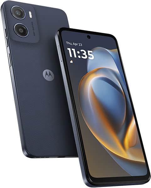 Motorola Moto G05 front view with display on, next to rear view showing dual cameras and logo. Both have a dark finish.