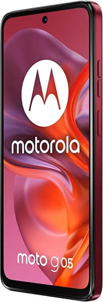 Motorola Moto G05 shown from angled front view; red frame, side buttons, screen with Motorola logo on colorful background.