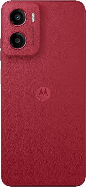 Rear view of red Motorola Moto G05 with textured back, dual cameras top left, and Motorola logo centered.