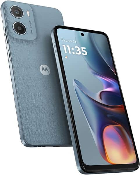 Motorola Moto G05 shown front and rear; dual rear cameras, textured back, display with date and time at top.