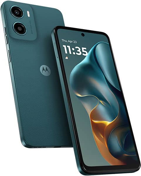 Teal Motorola Moto G05 shown front and back; front view displays 11:35, April 23, rear has dual cameras and Motorola logo.