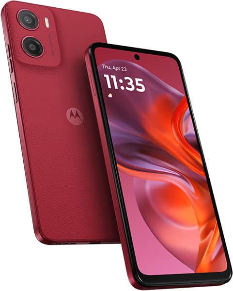 Motorola Moto G05 in red shown front and back; display at 11:35, dual rear cameras, textured back with Motorola logo.