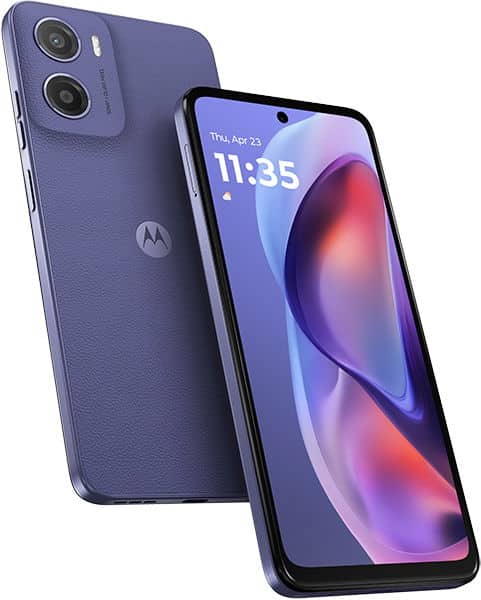 Motorola Moto G05 in purple shown front and rear; front shows display, rear has dual cameras with flash.