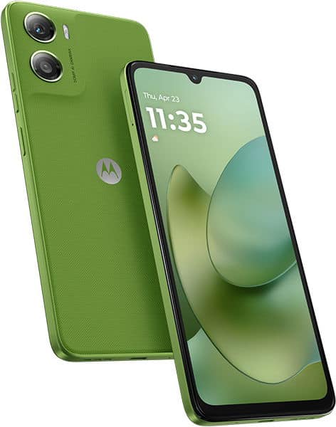 Motorola Moto G06 Power in green, shown from rear and front angles displaying dual rear cameras and lock screen with time 11:35