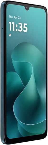 Motorola Moto G06 Power front view, displaying teal wallpaper with time 11:35 on screen