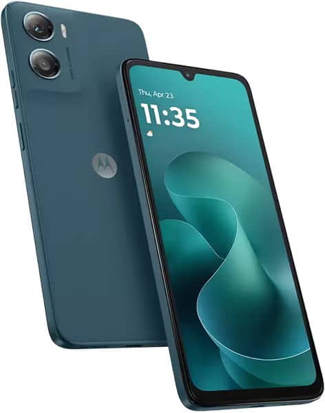 Motorola Moto G06 Power rear and front views, teal finish with dual camera setup and waterdrop notch display