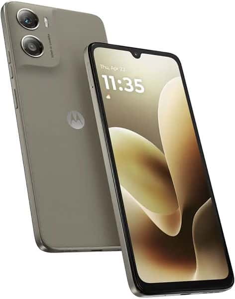 Motorola Moto G06 Power rear and front views, showing dual rear cameras, gray finish, and display with time 11:35