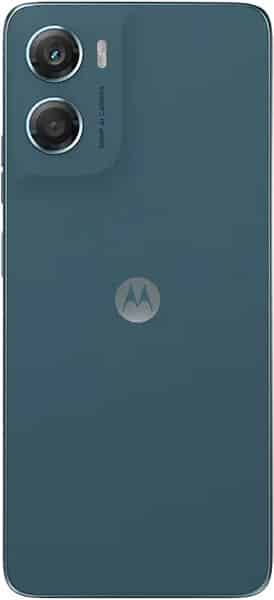 Motorola Moto G06 Power rear view, teal finish with dual camera setup and Motorola logo