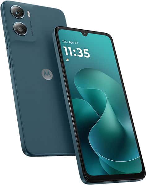 Motorola Moto G06 in blue, rear view with dual cameras and logo, front view showing home screen (11:35, April 23).