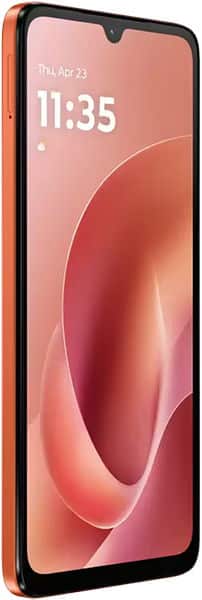Front view of Motorola Moto G06 with red-orange border, notch display, date/time visible, and pink-peach abstract wallpaper.