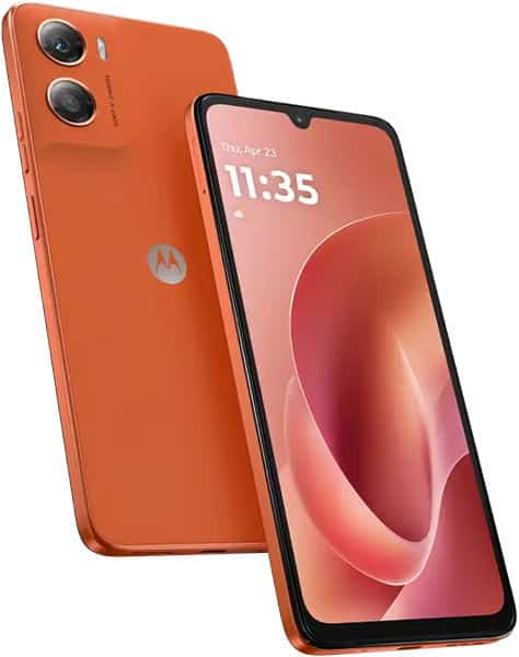 Motorola Moto G06 in orange shown front and rear; rear view shows dual cameras, front displays 11:35 and April 23.